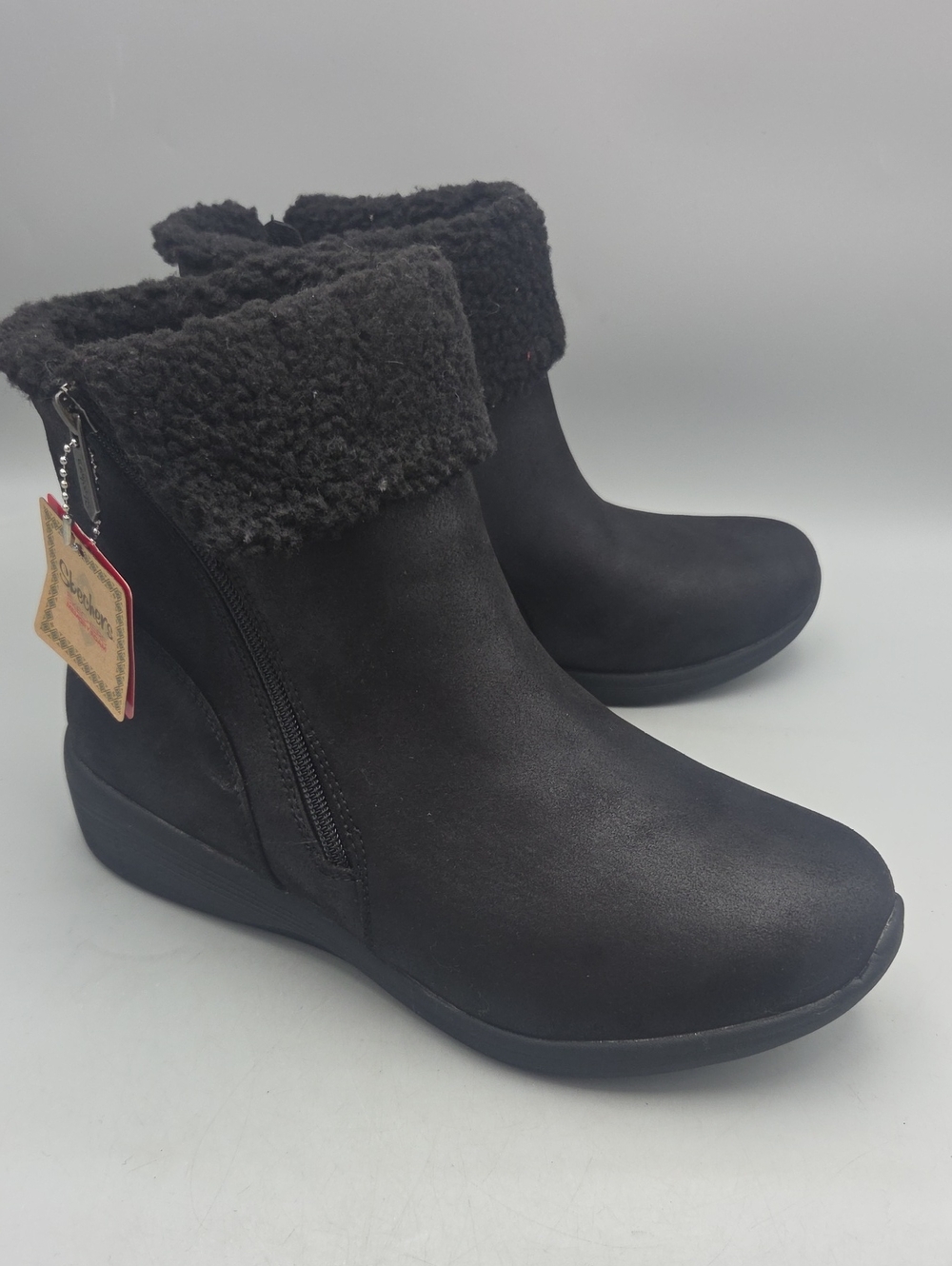 Skechers Black Faux Shearling Cuff Zip Ankle Booties